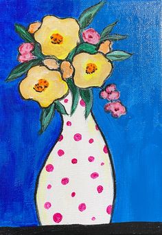 a painting of yellow flowers in a white polka dot vase on a blue background with dots