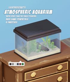 there is an aquarium on top of a dresser next to a clock and drawer with the words, antmospheric aquarium above it