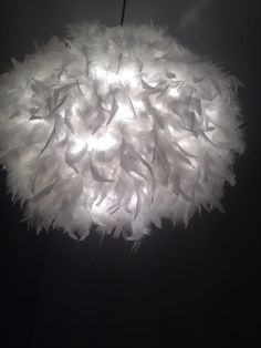 a chandelier with white feathers hanging from it's ceiling in a dark room