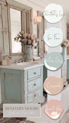 the bathroom is decorated in pastel colors