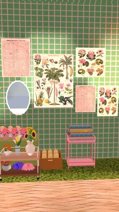 the room is decorated with green and pink wallpaper