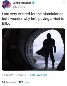 an image of a man standing in front of a door with the caption i am very excited for the mandalian but i wonder why he's paying a visit to bilbo