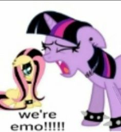 an image of a cartoon pony with its mouth open and the caption we're emo