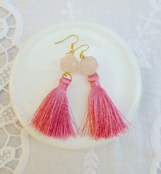 Handcrafted boho tassel earrings with Rose Quartz Gemstone Lightweight; easy to wear daily! * Pink tassel * Rose Quartz gemstone Rose Quartz Earrings - Boho Tassel Earrings - Bohemian Earrings - Pink Earrings for Women - Cancer Taurus Gemstone - Pink Dangle Earrings ♥ Click the link below to see more beautiful earrings: https://www.etsy.com/shop/auroire?section_id=24167853 ♥ Enter my shop: https://www.etsy.com/shop/auroire Pink Dangle Earrings, Rose Quartz Earrings, Pink Tassel, Earrings Bohemian, Summer Earring, Rose Quartz Gemstone, Earrings Pink, Bohemian Earrings, Quartz Rose