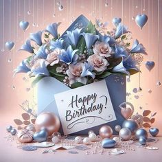 a happy birthday card with blue flowers and pearls on a pink background surrounded by hearts