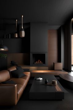 a modern living room with black walls and brown leather couches in front of a fireplace