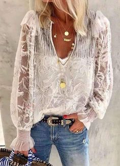 Buy Blouse, Boho Mode, Fest Outfits, Mode Hippie, Lace Blouse Long Sleeve, Women Blouses Fashion, Mode Boho, Mode Casual, Lace Neckline