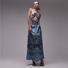 Nwt - Size 2 Spring Party Maxi Dress With Paisley Print, Spring Party Paisley Print Maxi Dress, Elegant Paisley Print Maxi Dress For Vacation, Blue Floral Print Maxi Dress For Night Out, Blue Floral Maxi Dress For Night Out, Blue Paisley Print Bohemian Midi Dress, Sleeveless Paisley Print Maxi Dress For Party, Summer Blue Paisley Print Maxi Dress, Spring Blue Paisley Print Dress