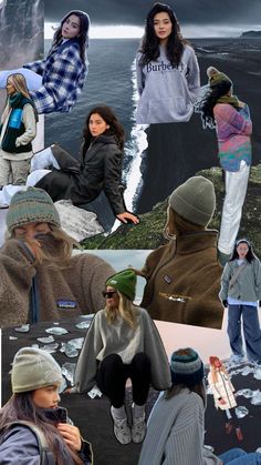 collage of women in winter clothing and hats on the beach, with water behind them