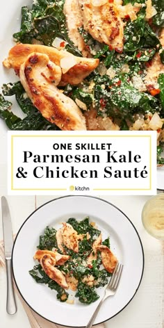 one skillet parmesan kale and chicken saute on a white plate