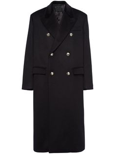 black cashmere wide peak lapels double-breasted button fastening front flap pockets long sleeves triangle logo central rear vent straight hem calf-length Knit Triangle, Style Moodboard, Black Highlights, Velvet Collar, Velvet Coat, Wool Trench Coat, Prada Men, Duffle Coat, Peak Lapel