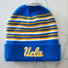 Nwt Ucla Bruins Knit Ski Cap Description: Soft, Warm Knit Body. Gold And White Stripes On Blue Background. Gold And White Embroidered Script "Ucla" On Upturned Cuff. 57% Acrylic/43% Polyester. Brand New With Tags. No Trades. Ucla Poster, Ucla Game Day, Ucla Sweatshirt, Ucla Shirt, Ski Cap, Background Gold, Ucla Bruins, Blue Background, Blue Backgrounds