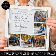 a woman holding up a photo frame with photos on it