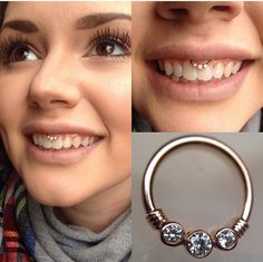 a woman's teeth and nose ring are shown