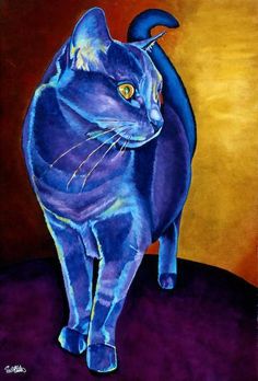 a painting of a blue cat standing on a purple surface with an orange and yellow background