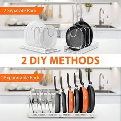 kitchen utensils hanging on the wall with 2 diy trays and 1 expandable rack