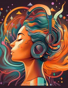 A colorful digital artwork portrait of a young woman listening to music on headphones. Music Art Prints, Music Is My Therapy, Therapy Design, Face Art Drawing, Helen Ga, Power Of Music, Teen Art, Music Painting, Music Help