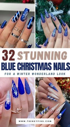 Stunning Blue Christmas Nails Blue Holiday Nails Winter, Blue And White Christmas Nail Designs, December Nails Christmas Blue, Baby Blue Christmas Nails Almond, Winter Inspired Nails Acrylic, Winter Nail Designs With Rhinestones, Blue Nailart Nails, Navy Blue Xmas Nails, Blue Christmas Nails Stiletto