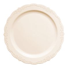 a white plate on a white background with an ornate border around the rim and edge