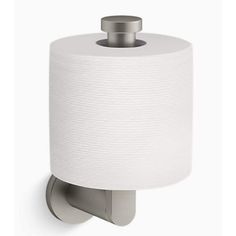 a white toilet paper holder with a metal hook on the side and a roll of tissue in front of it