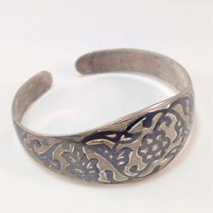 "1960's vintage, etched, enameled cuff bracelet sterling silver -- not marked but tested. This expertly etched cuff bracelet measures 7 1/4\" inside X 1\" at it's widest. This bangle bracelet is in excellent antique condition and displays a floral etched pattern in an Asian/Indian motif. Perfect addition to any collection. Like Niello Siam same workmanship, but not signed. Shipping includes insurance. As always, local pickup is available. Aphrodite's Antique & Gifts 11 Milton Ave, Highland, Estate Wedding Ring, Indian Motif, Enamel Locket, Wedding Ring Sizes, Antique Diamond Rings, Antique Gift, Antique Engagement, Sterling Silver Cuff Bracelet, Bracelet Sterling Silver