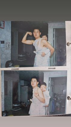 two pictures of a man holding a baby