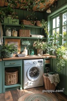 a washer and dryer in a room with green walls