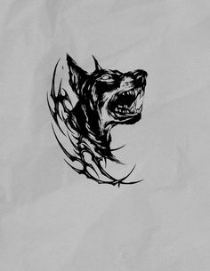 a black and white drawing of a wolf's head with sharp lines on it