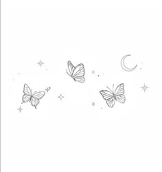 three butterflies flying in the sky with stars and crescents on it's wings