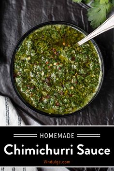 Chimichurri sauce in a bowl with a spoon. Aip Chimichurri Sauce, Whole30 Sauces, Aip Condiments, Easy Chimichurri Sauce, Aip Lunch, Aip Sauces, Aip Snacks, Paleo Condiments