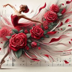 a woman in a red dress is surrounded by flowers and music notes with her arms outstretched