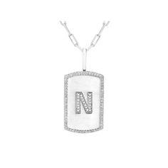 Enjoy a personal touch with this initial dog tag necklace, crafted with sterling silver and genuine diamonds.Click on this JEWELRY & WATCHES GUIDE to learn about fit, styles, materials and more! Clasp: lobster-claw Nickel free Metal: sterling silver Chain length: 20 in. Packaging: boxed Plating: rhodium Finish: satin Pendant size: 1 in. x 0.5 in. Chain type: paper clipDIAMOND DETAILS Total weight: 1/4 ct. Shape: round brilliant Setting: micro pave Diamond weights are approximate. Diamond Total W Luxury Silver Monogram Necklace, Luxury Monogram Silver Necklace, Personalized Silver Diamond Luxury Necklace, Personalized Luxury Silver Diamond Necklace, Silver Sterling Diamond Necklace With Initials, Personalized White Gold Dog Tag Necklace, Silver Diamond Monogram Necklace, White Gold Dog Tag Jewelry With Polished Finish, White Gold Polished Dog Tag Necklace