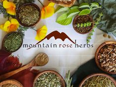 the mountain rose herbs logo is surrounded by various bowls and spoons filled with different types of herbs