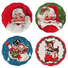 four christmas plates with santa claus and snowmen on them