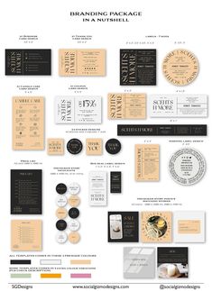 a bunch of different types of business cards on a white background with black and yellow accents