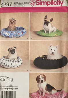 an image of dogs in bed on the cover of a sewing pattern for dog beds