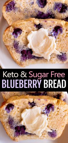 keto and sugar free blueberry bread on a white plate