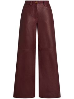 bordeaux red leather smooth grain belt loops mid-rise wide leg front button and zip fastening classic five pockets Wide Leg Leather Pants Outfit, Red Trousers, Oxblood Leather, Yoko London, City Dress, Red Pants, Leather Trousers, Summer Beach Wear, Lady Dior