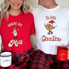 Celebrate Christmas with a dash of humor and a lot of love in our Retro Gingerbread Couples Bella Canvas Matching Shirts! Whether you're cozying up by the fire or hitting the holiday party circuit, these shirts are designed to make you and your special someone the sweetest couple around.  Listing is for individual shirts, not the set and pajama pants not included. ❤❤ I love custom orders! If you'd like to see this design customized with names on the sleeve or back, please contact me and I'd be happy to help you! *  I use Bella + Canvas 3001 shirts, which are unisex sizing (men's slim fit). *  This classic unisex soft jersey short sleeve tee fits like a well-loved favorite. *  100% Airlume combed and ringspun cotton (100% cotton for  solid colors. Heather colors and sports grey include poly Christmas Couples, Couples Shirts, Matching Pajama, Couple Christmas, Matching Couple, Matching Tees, Christmas Couple, Matching Pajamas, Celebrate Christmas