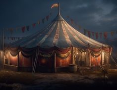 a circus tent is lit up at night