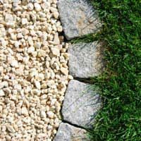 some rocks and grass in the middle of a stone path that is surrounded by stones