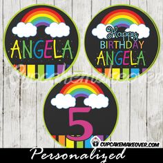 personalized birthday cupcake toppers with rainbows and clouds in the sky on wood background