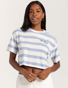 Full Tilt Stripe Saint Tropez Embroidered Crop Tee. St. Tropez Embroidered At Left Chest. Allover Stripe Print. Ribbed Crew Neckline. Short Sleeve. Cropped Length. 100% Cotton. Machine Wash. Imported. Model Is Wearing A Size Small. Model Measurements:height: 5'7" Bust: 32"waist: 23"hips: 32" Blue Relaxed Fit Top With Embroidered Text, Blue Tops With Embroidered Text And Relaxed Fit, Blue Embroidered Tops For Summer, Relaxed Fit Summer Tops With Embroidered Text, Summer Tops With Embroidered Text And Relaxed Fit, Striped Embroidered Cotton Tops, Embroidered Striped Cotton Tops, Blue Tops With Embroidered Text For Spring, Flannel Sweatshirt