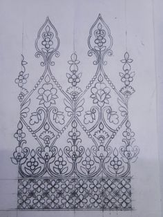 a drawing of an iron gate with intricate designs