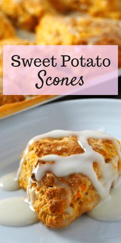 sweet potato scones on a plate with cream drizzle