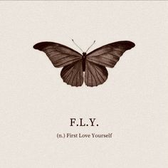 a black and white butterfly with the words f l y on it's back