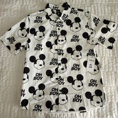 Neff X Disney Mickey Mouse Black And White Oh Boy Button Men's Down Shirt Size: Men's Small Nwt Pet And Smoke Free Home Black Disney Cotton Shirt, White Disney Shirt For Summer, Black Mickey Mouse Short Sleeve Shirt, Black Short Sleeve Mickey Mouse Shirt, Fun Short Sleeve Mickey Mouse Shirt, Fun Mickey Mouse Short Sleeve Shirt, Summer Casual Mickey Mouse Shirt, Casual Mickey Mouse Summer Shirt, Casual Summer Mickey Mouse Shirt