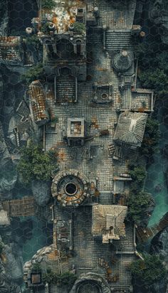 an aerial view of a building surrounded by trees