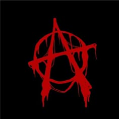 the anarchy symbol is drawn on a black background with red ink, and it appears to be dripping blood