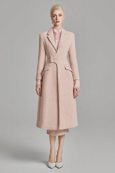 Lenora A-line Square Shoulder Tweed Calf Length Trench Coat | MEAN BLVD Luxury Fitted Tweed Dress, Elegant Long Sleeve Tweed Outerwear, Elegant Fitted Tweed Dress For Fall, Luxury Fitted Tweed Dress For Office, Luxury Fitted Tweed Office Dress, Luxury Fall Tweed Dress For Office, Luxury Tweed Dress For Fall Office Wear, Luxury Tweed Dress For Office In Fall, Elegant Long Sleeve Single-breasted Tweed Dress